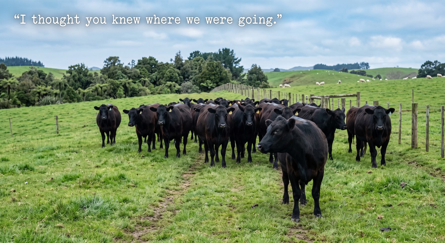 A mob of black cattle walking single file along a worn track through green hill country, captioned "I thought you knew where we were going."