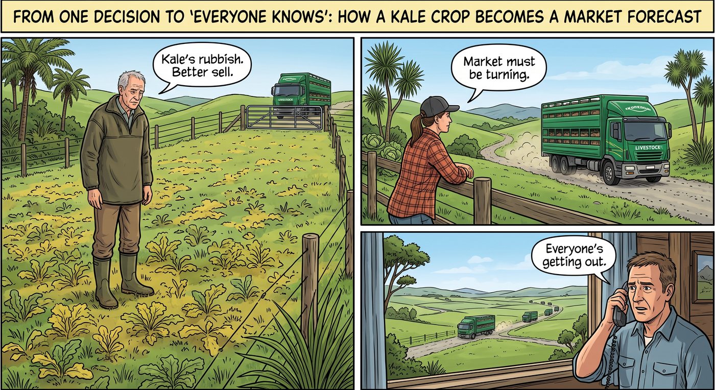 Three-panel cartoon. First panel: a farmer looks at a poor kale crop and says "Kale's rubbish. Better sell." Second panel: a neighbour watches the stock truck go past and says "Market must be turning." Third panel: a third farmer on the phone, watching trucks on the road, says "Everyone's getting out."
