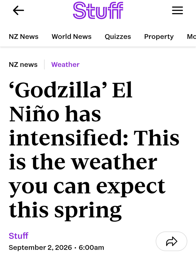 Screenshot of a Stuff news headline reading "'Godzilla' El Niño has intensified: This is the weather you can expect this spring", dated 2 September 2026.