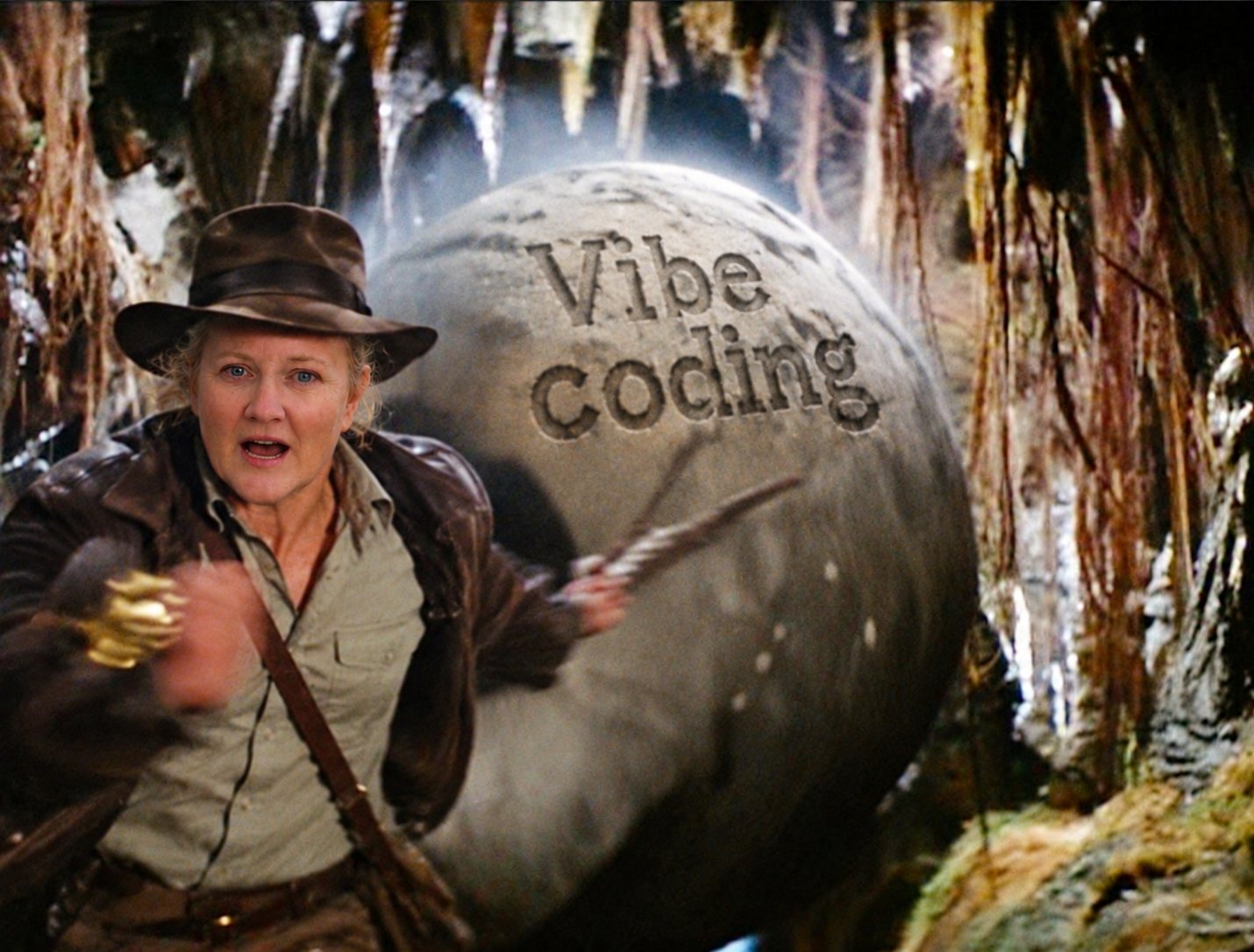Erin, dressed as an adventurer in a fedora and leather jacket, running from a giant rolling boulder carved with the words "Vibe coding".